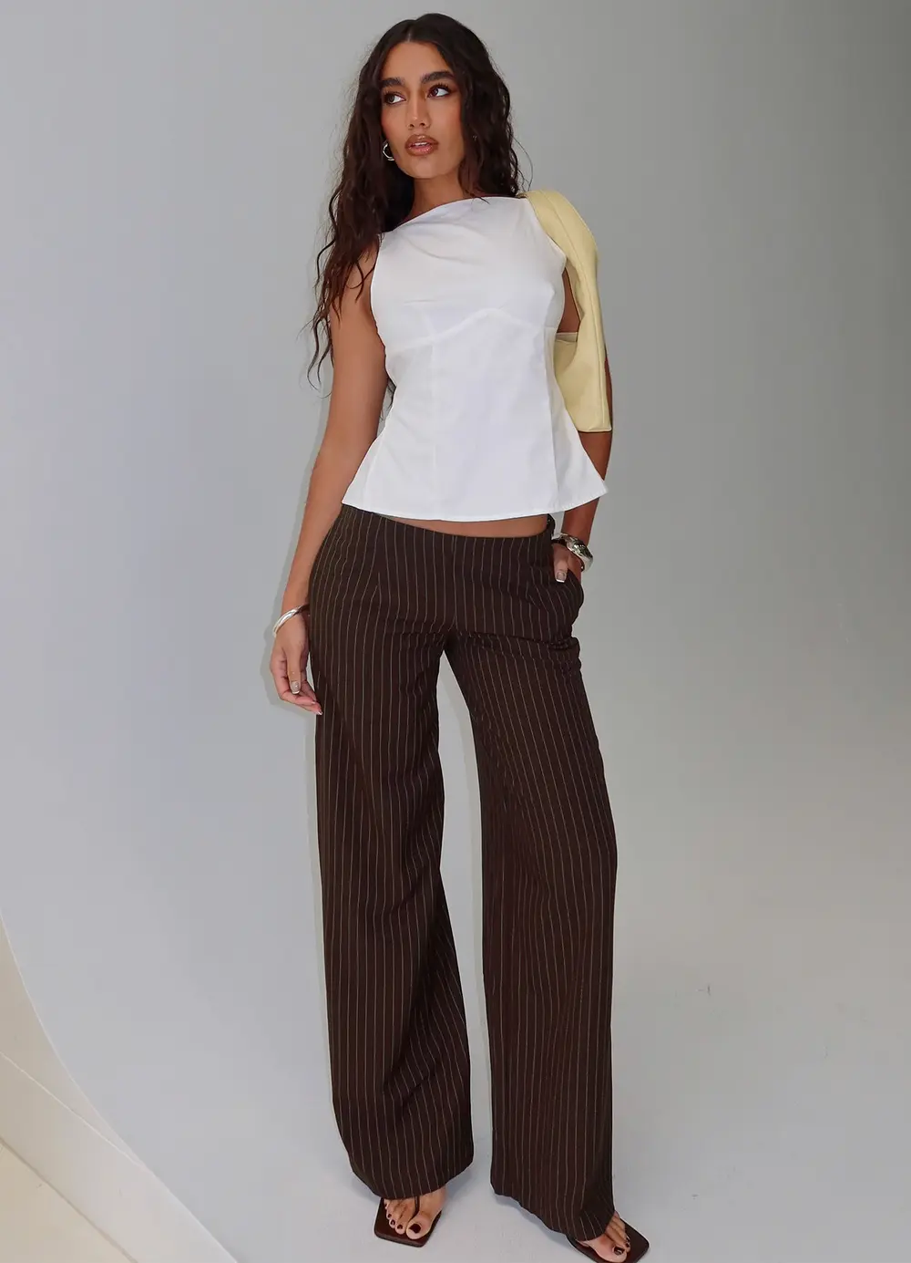 Khane Low Rise Wide Leg Pant Brown Pinstripe