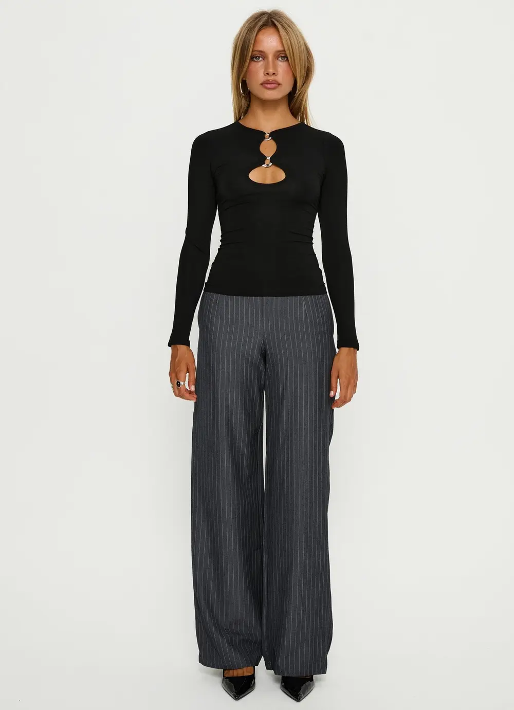 Khane Low Rise Wide Leg Pant Charcoal Pinstripe