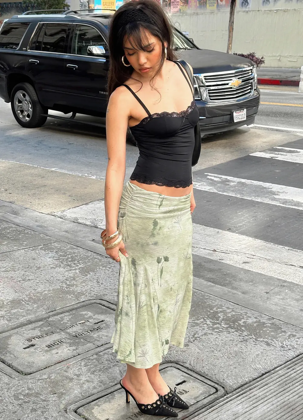 Lewish Low Rise Midi Skirt Green Floral