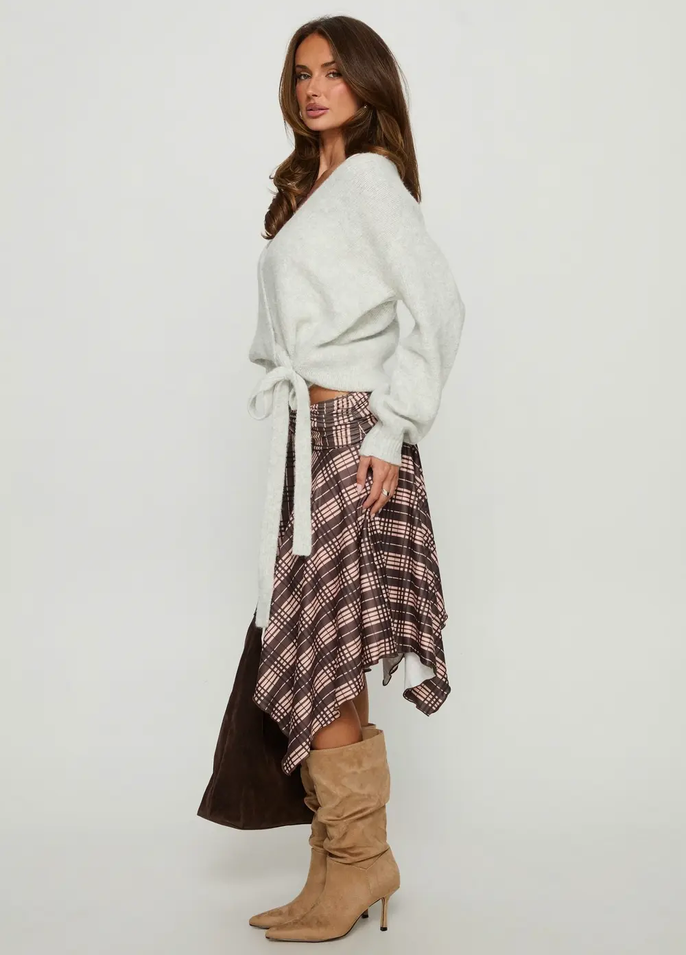 Scholar Asymmetrical Midi Skirt Brown Check