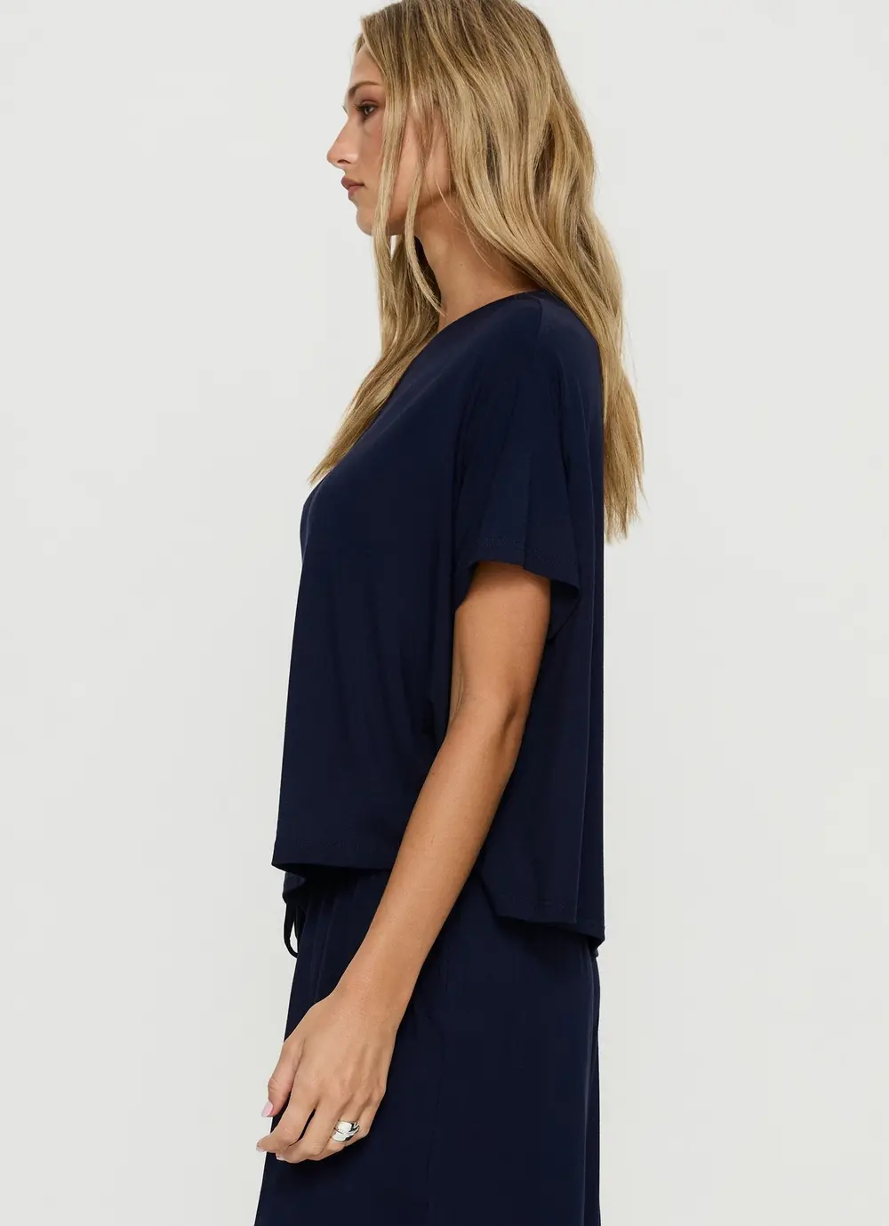 Cozy Hour Sleep Relaxed Off Shoulder Top Navy