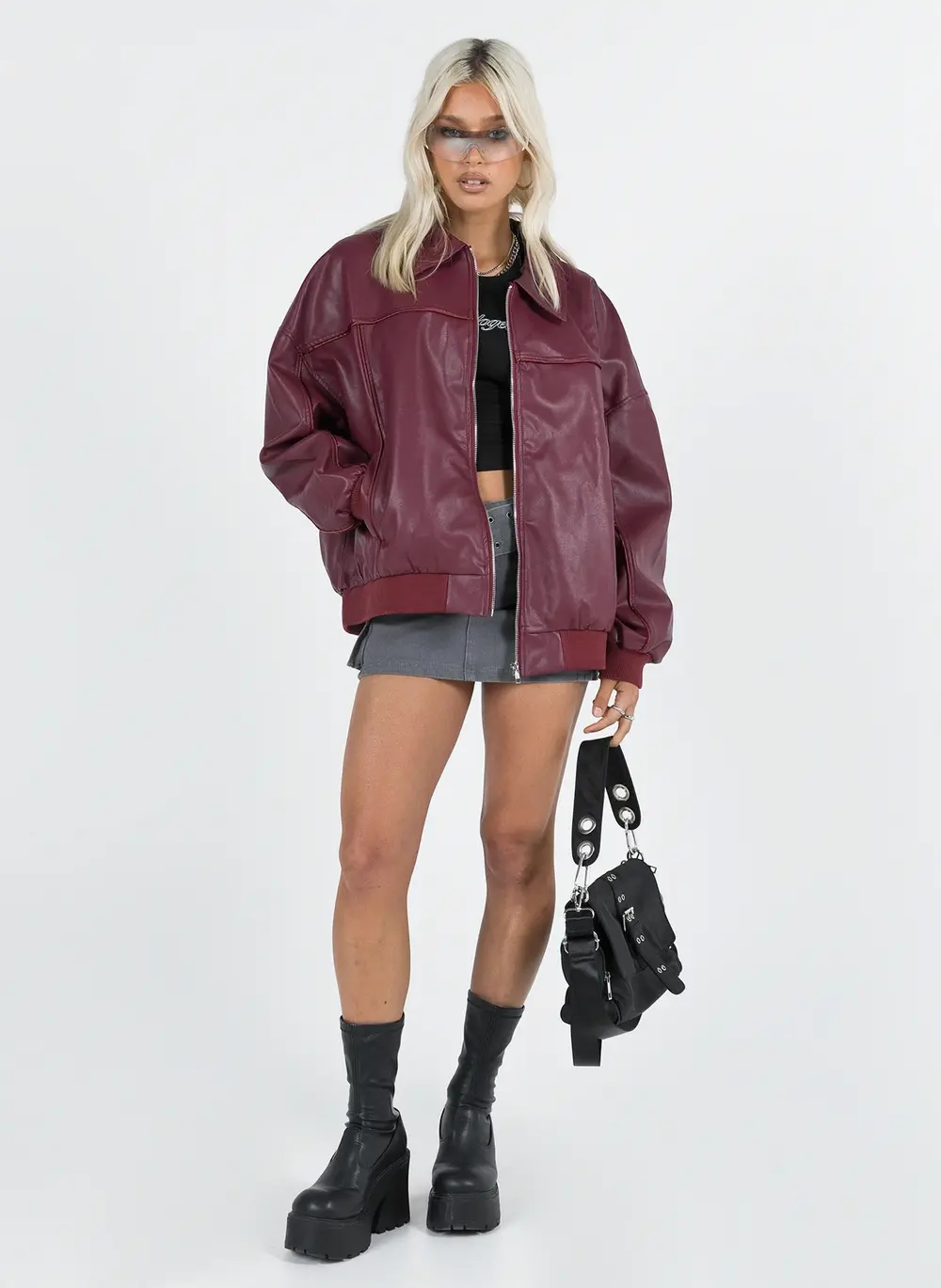 Goldsmith Faux Leather Bomber Jacket Burgundy