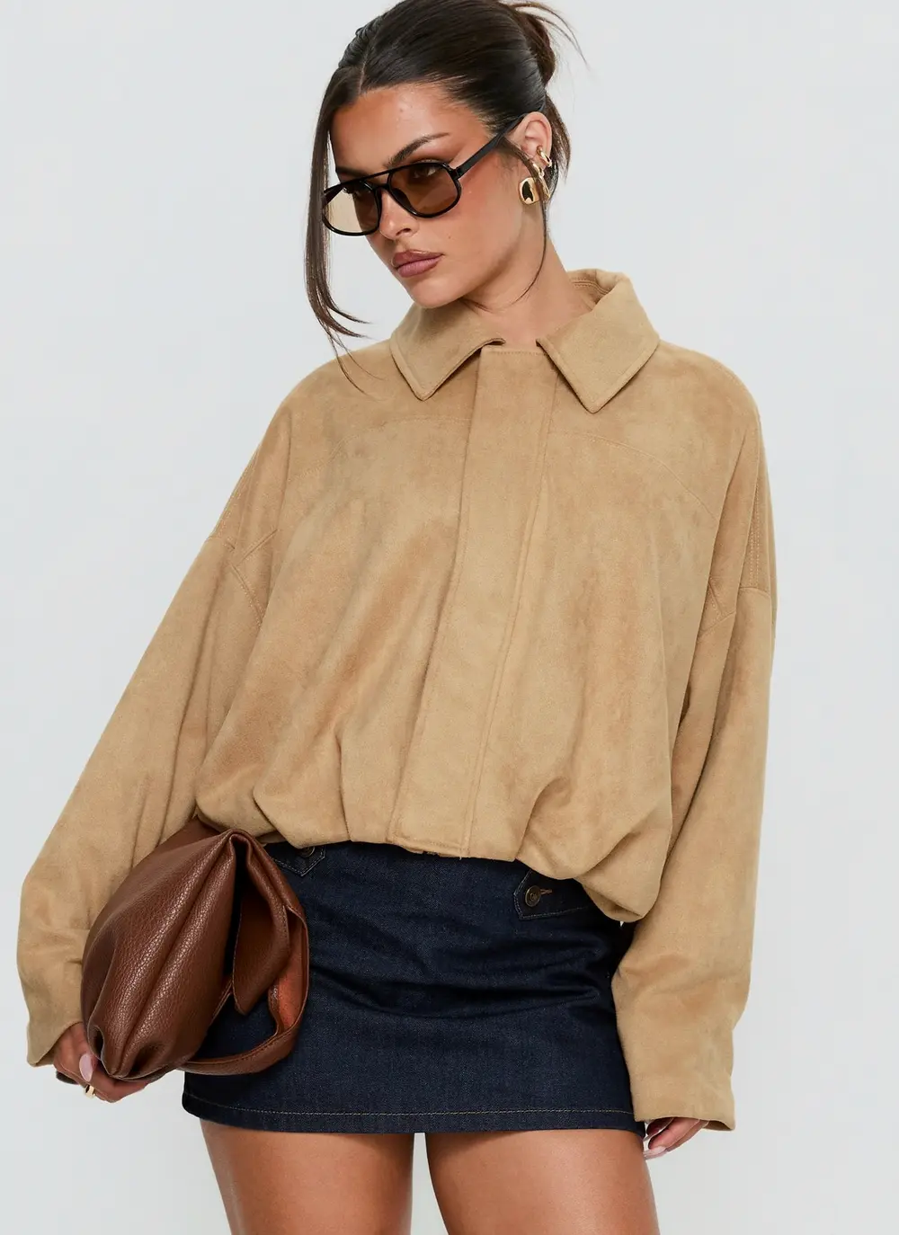 Enlightened Faux Suede Bomber Jacket Beige