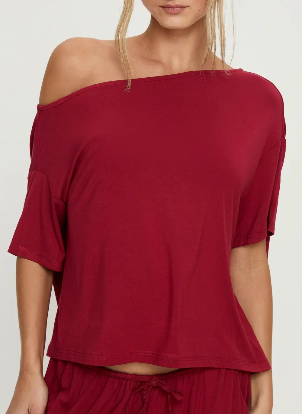 Cozy Hour Sleep Relaxed Off Shoulder Top Red