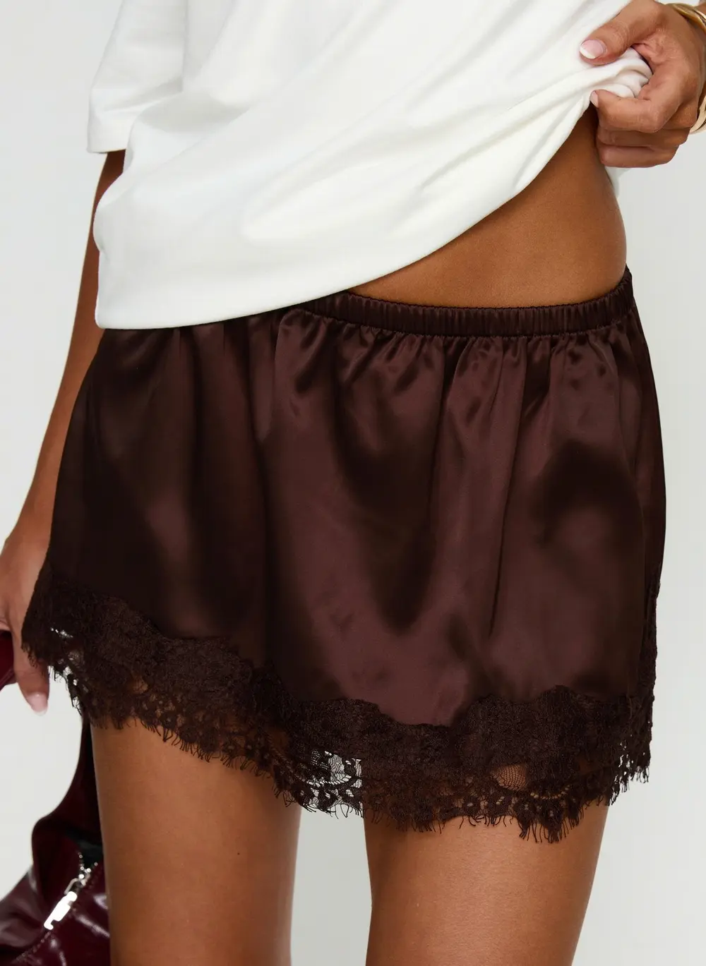 Orlynn Satin Lace Trim Mini Skirt Brown