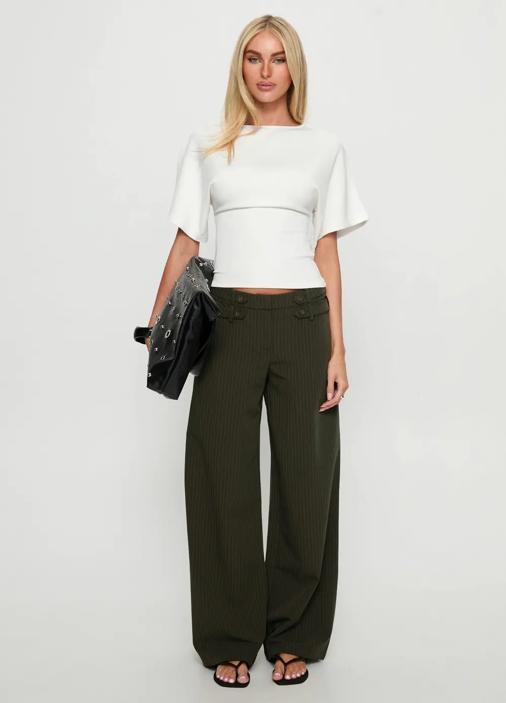 Jette Tailored Buckle Pant Green Pinstripe