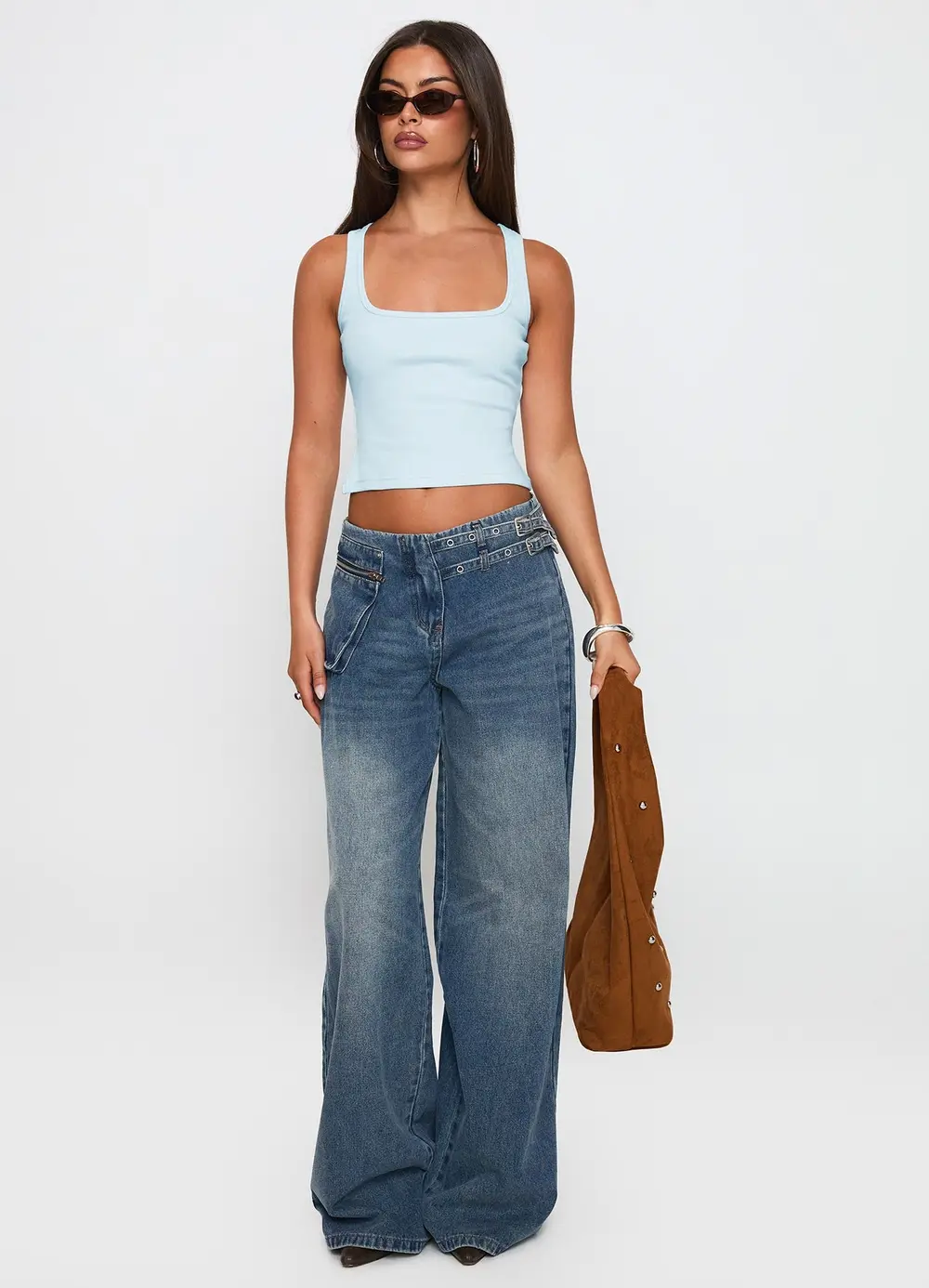 Paltrow Mid Rise Wide Leg Cargo Jeans Mid Blue Wash