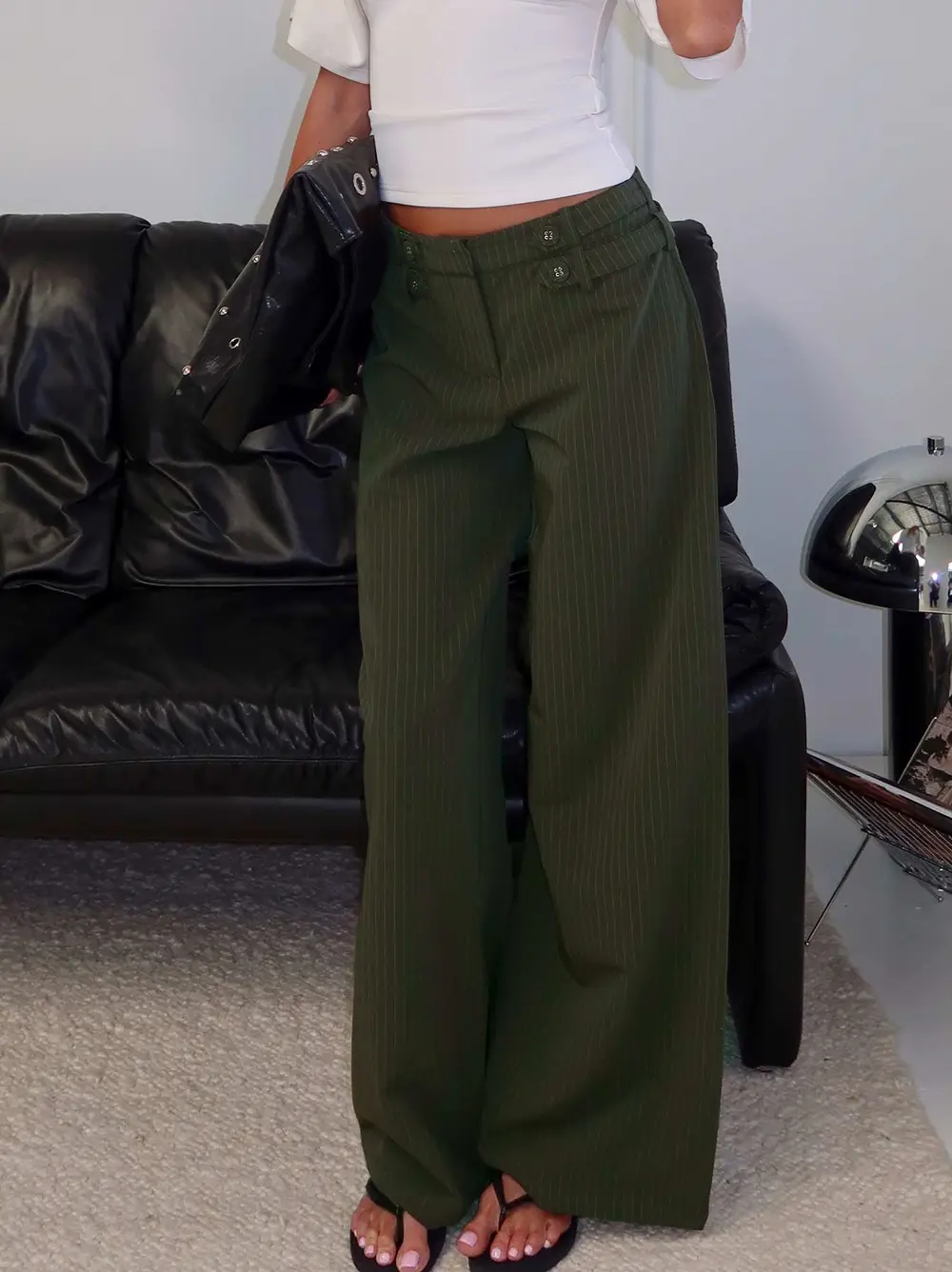Jette Tailored Buckle Pant Green Pinstripe