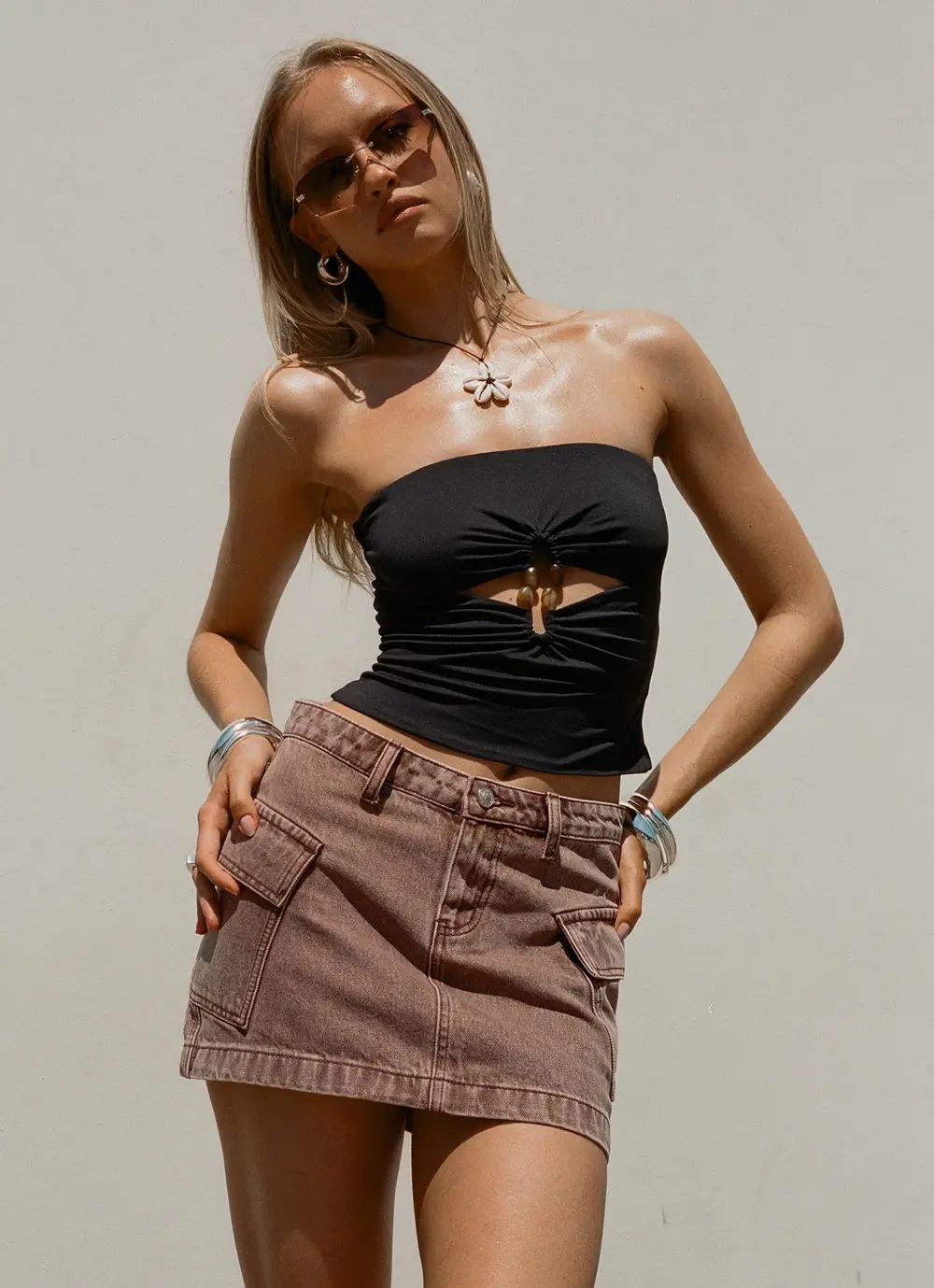 Zakai Cargo Denim Mini Skirt Brown