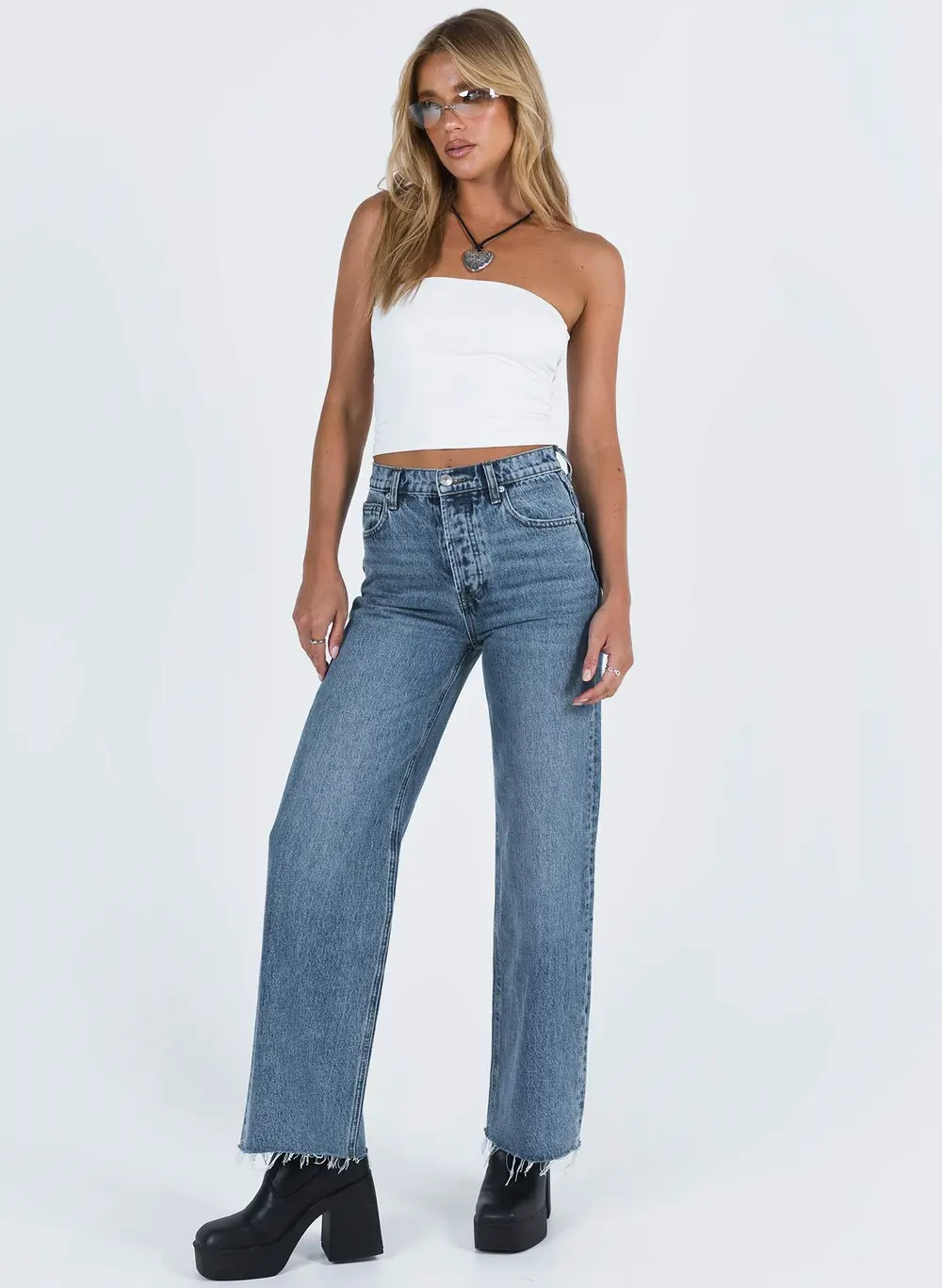 Fawcett High Rise Straight Leg Jeans Mid Blue Wash