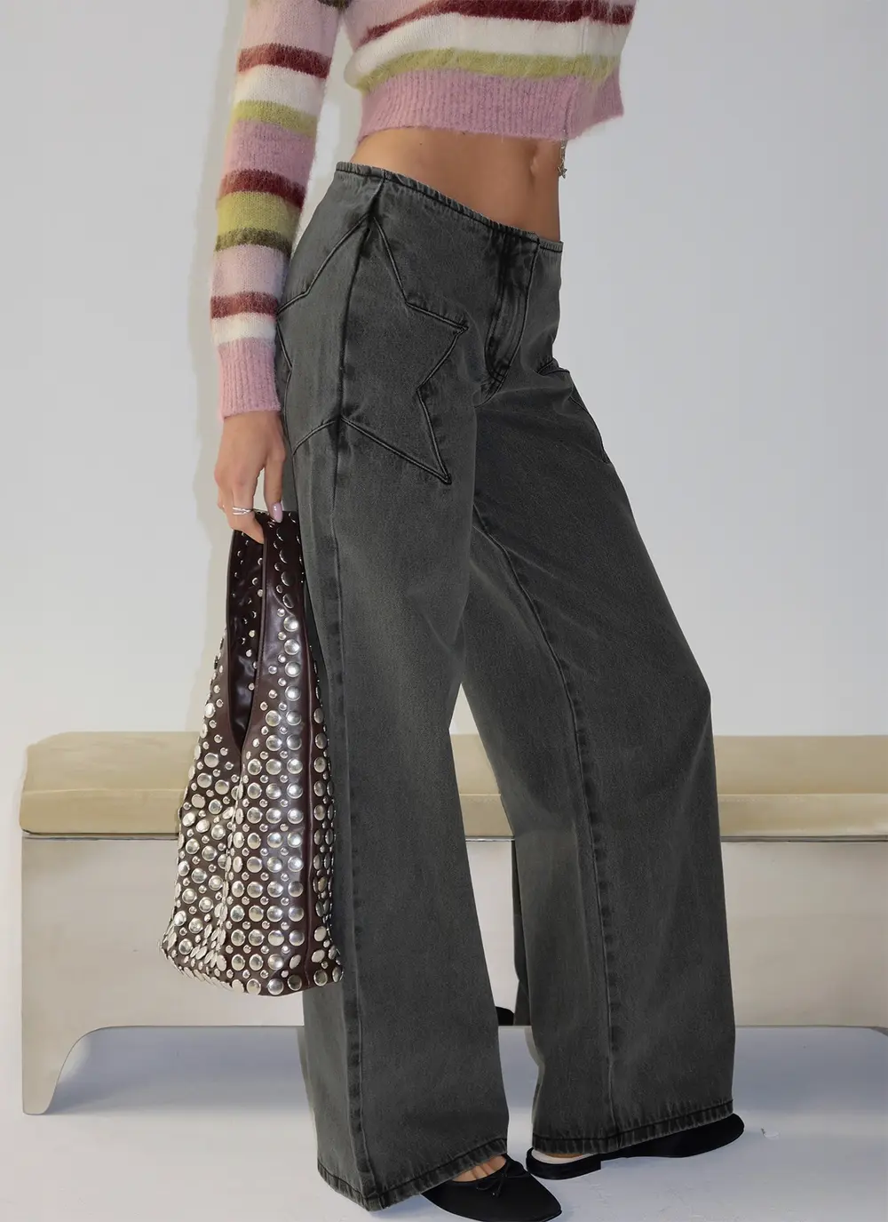 Dolley Star Stitch Mid Rise Wide Leg Jean Grey Wash