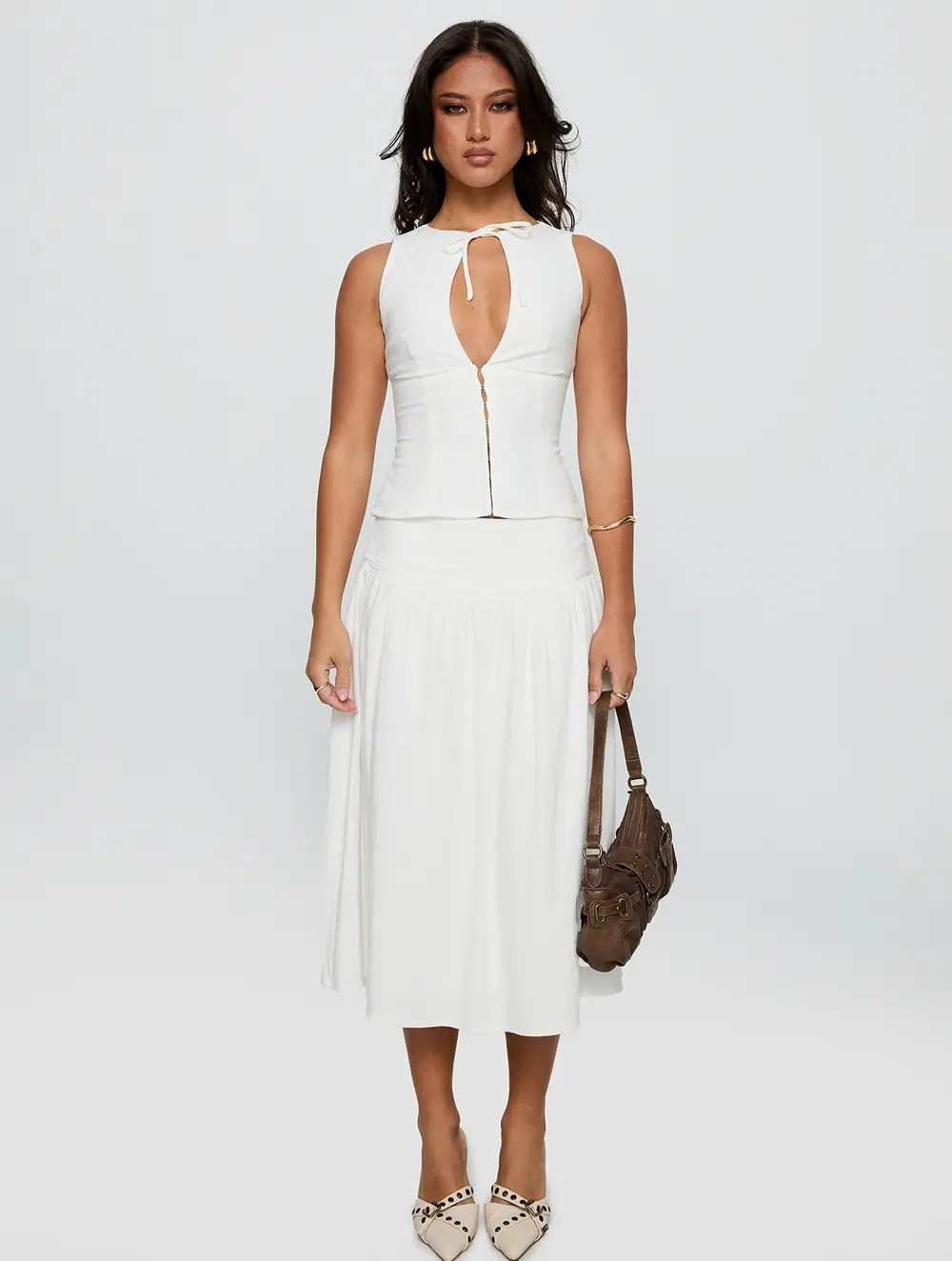 Heart Of Gold Linen Blend Midi Skirt White