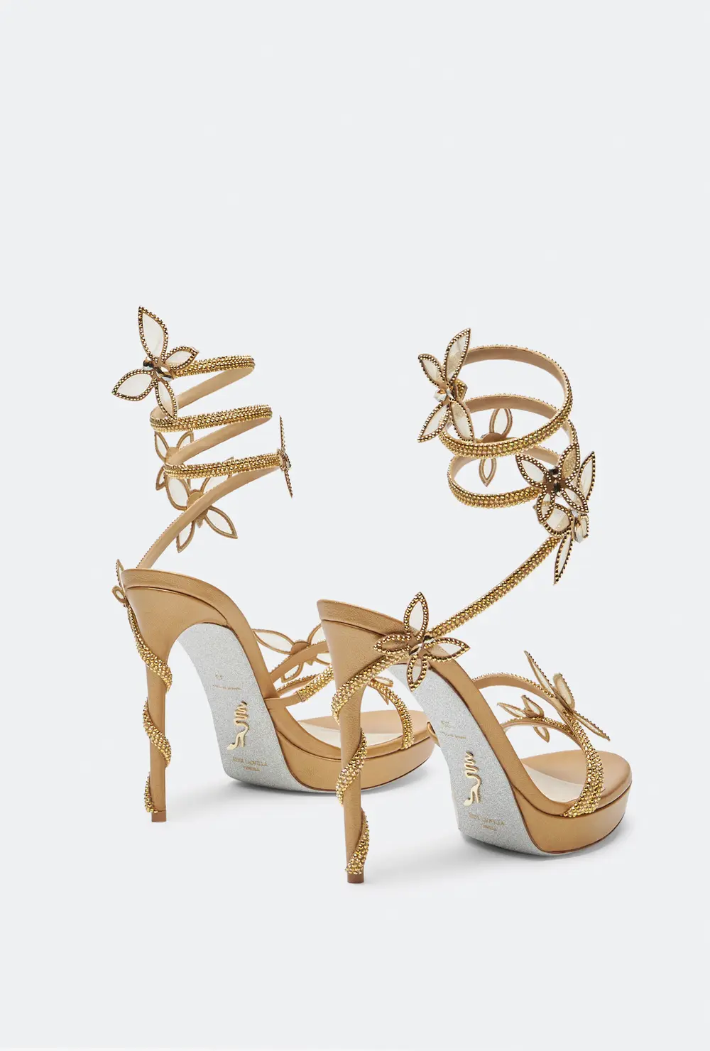 Rene Caovilla Margot Gold Platform Sandal With Butterflies 120