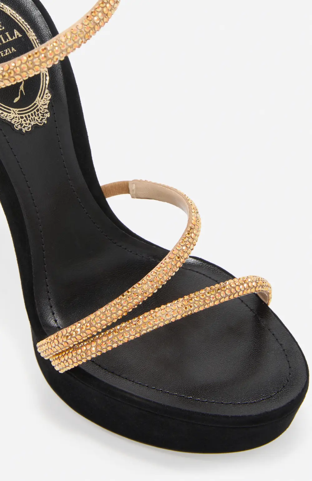 Rene Caovilla MARGOT BLACK AND GOLD PLATFORM SANDAL 130