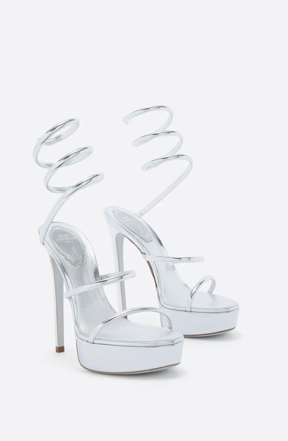 Rene Caovilla CLEO METALLIC SILVER PLATFORM SANDAL 130