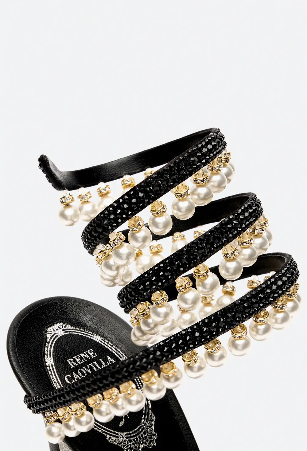 Rene Caovilla CHANDELIER BLACK PLATFORM SANDAL WITH PEARLS 130