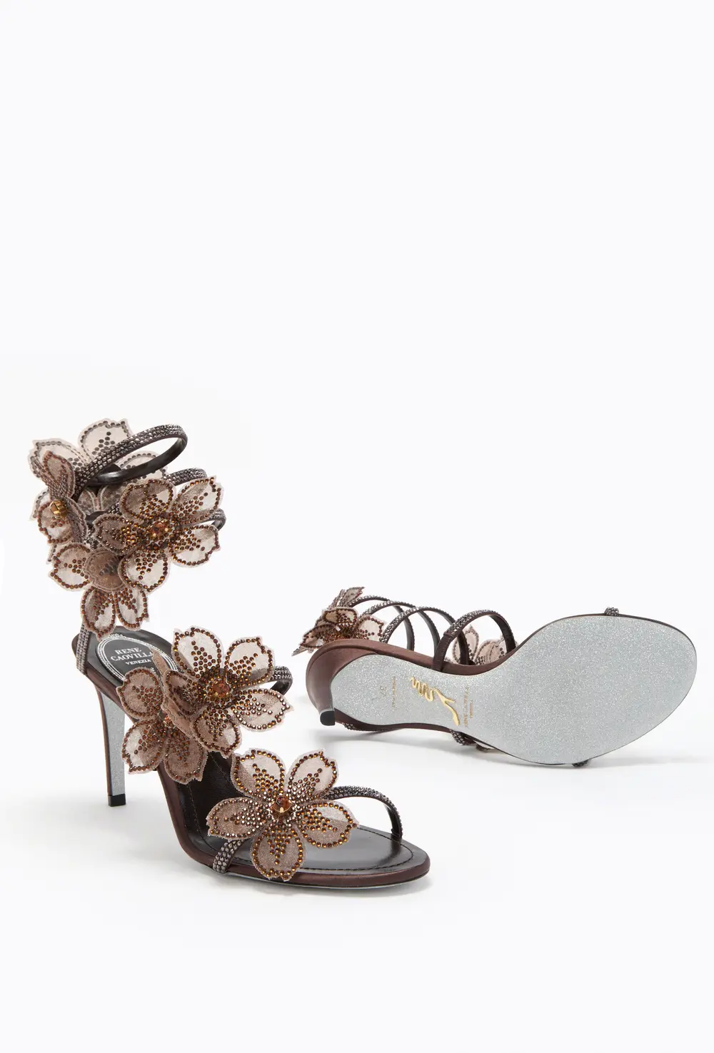 Rene Caovilla PEACH FLOWER CHOCOLATE SANDAL 80