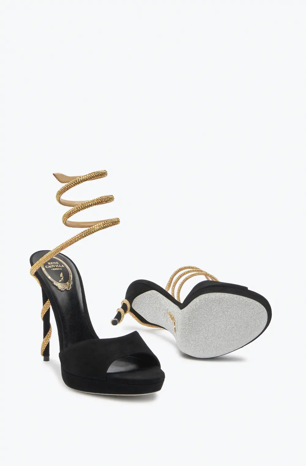 Rene Caovilla Margot Black Suede And Gold Platform Sandal 120
