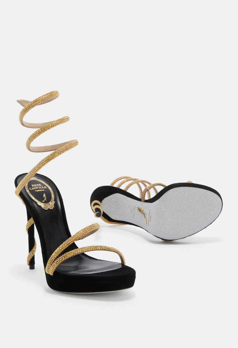 Rene Caovilla MARGOT CRYSTAL BLACK & GOLD PLATFORM SANDAL 120