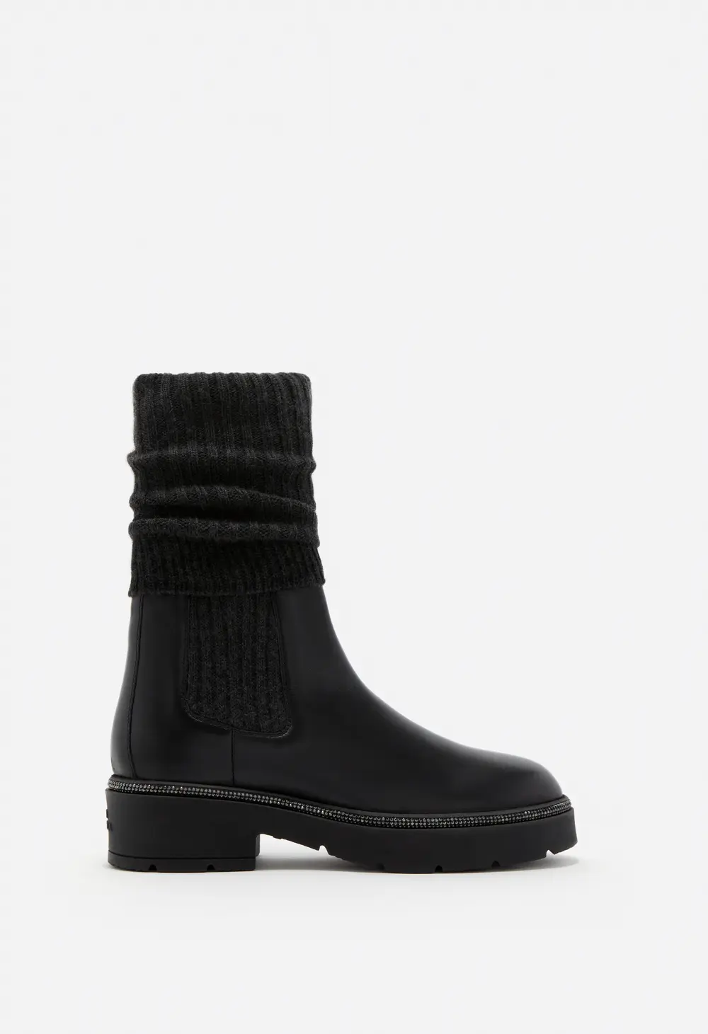 Rene Caovilla BIKA LEATHER AND CASHMERE BLACK ANKLE BOOT WITH CRYSTALS 50