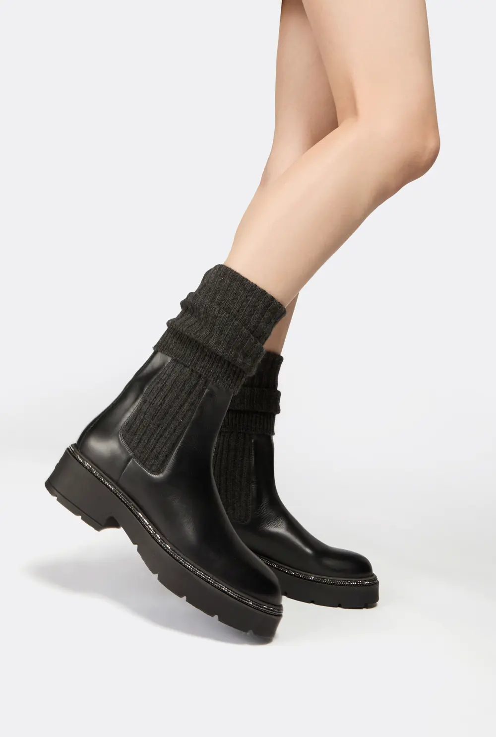 Rene Caovilla BIKA LEATHER AND CASHMERE BLACK ANKLE BOOT WITH CRYSTALS 50