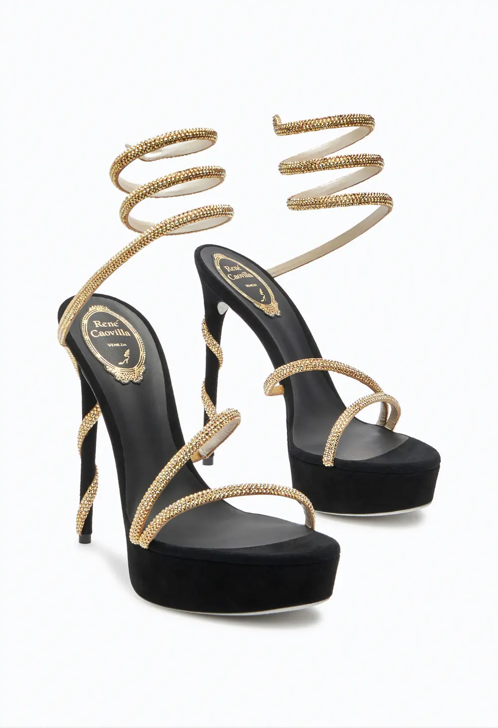 Rene Caovilla MARGOT CRYSTAL BLACK-GOLD PLATFORM SANDAL 130