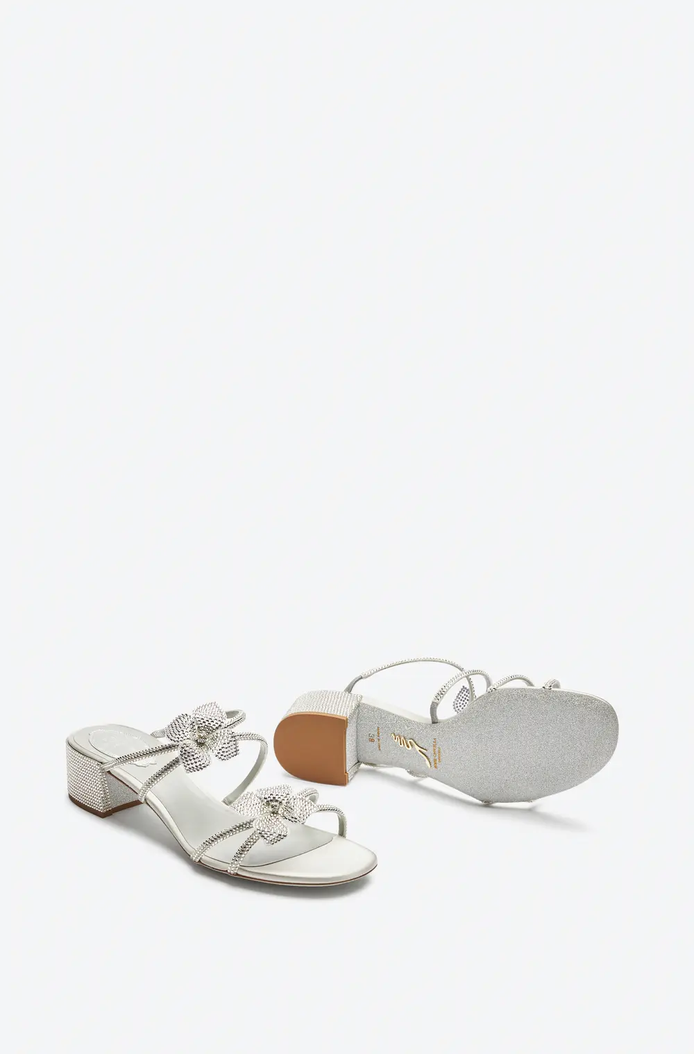 Rene Caovilla Floriane Silver Mule With Flowers 40