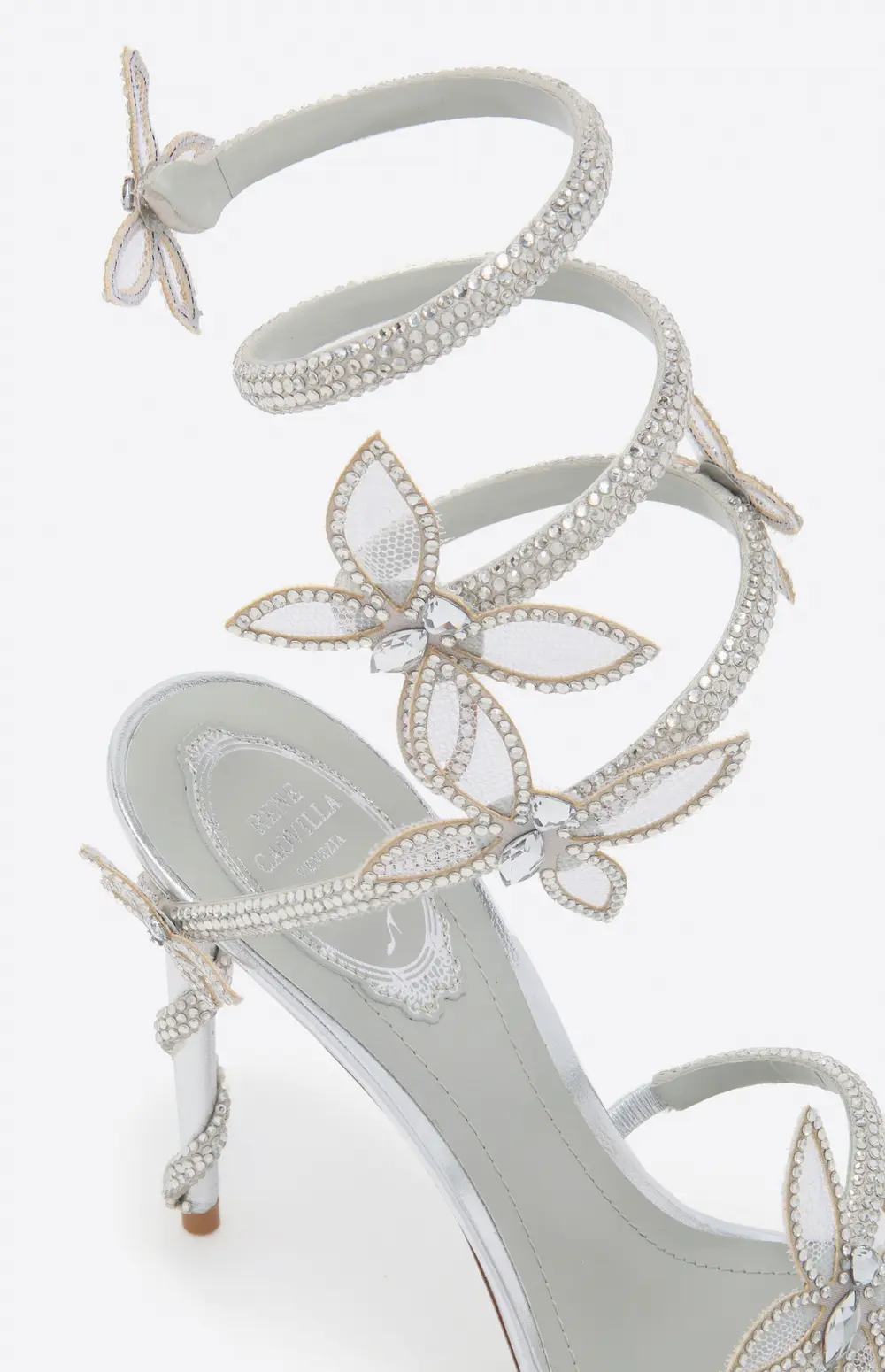 Rene Caovilla MARGOT MIRRORED SILVER SANDAL WITH BUTTERFLIES 105