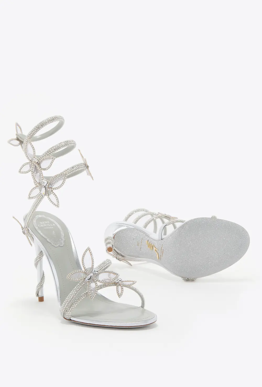 Rene Caovilla MARGOT MIRRORED SILVER SANDAL WITH BUTTERFLIES 105