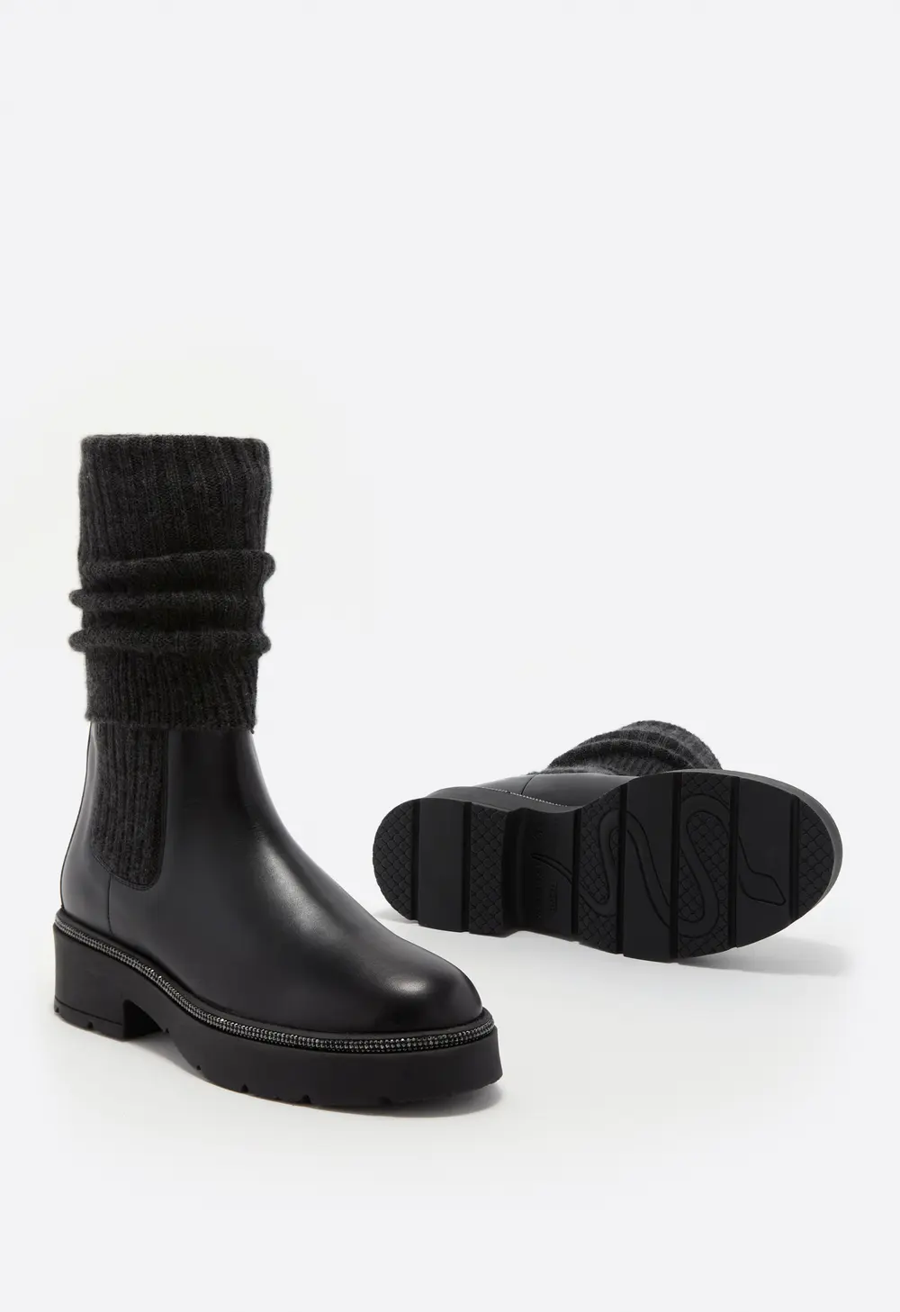 Rene Caovilla BIKA LEATHER AND CASHMERE BLACK ANKLE BOOT WITH CRYSTALS 50