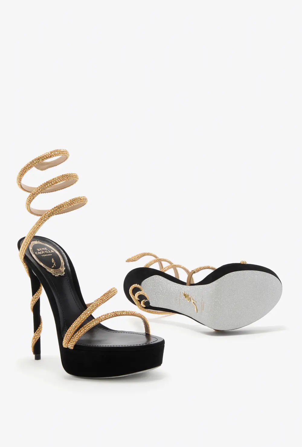 Rene Caovilla MARGOT BLACK AND GOLD PLATFORM SANDAL 130