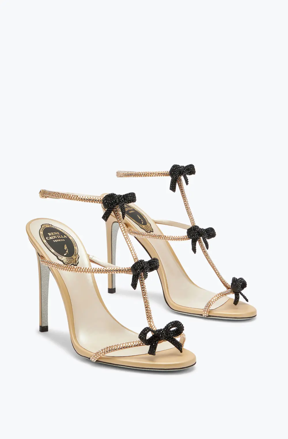 Rene Caovilla Caterina Neutral Sandal With Black And Gold Crystals 105