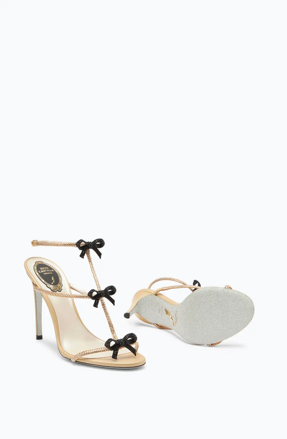Rene Caovilla Caterina Neutral Sandal With Black And Gold Crystals 105