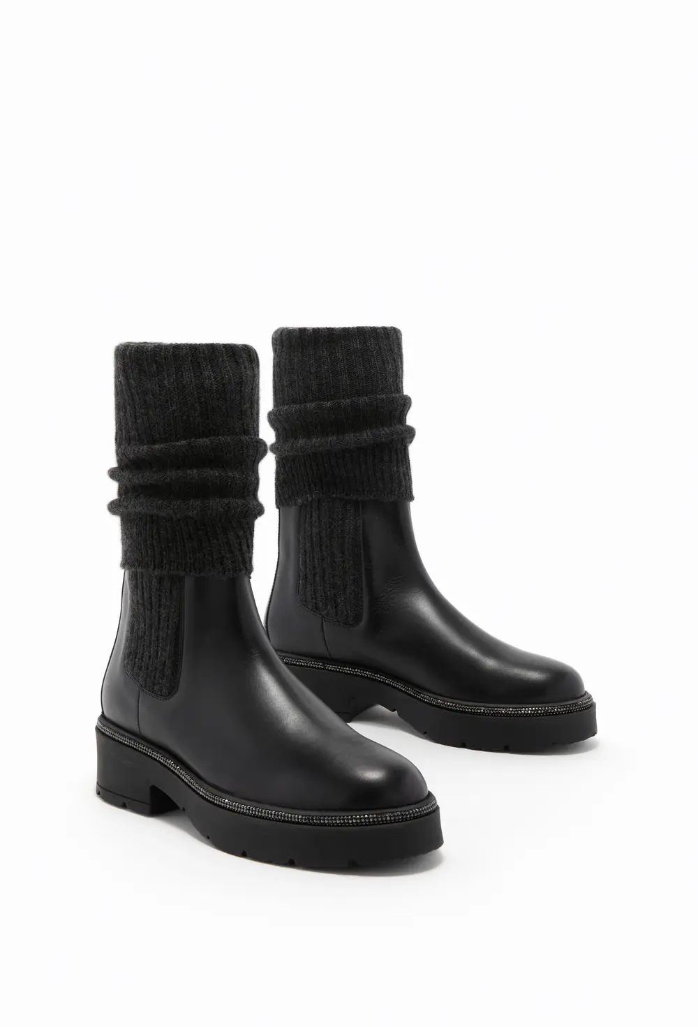 Rene Caovilla BIKA LEATHER AND CASHMERE BLACK ANKLE BOOT WITH CRYSTALS 50