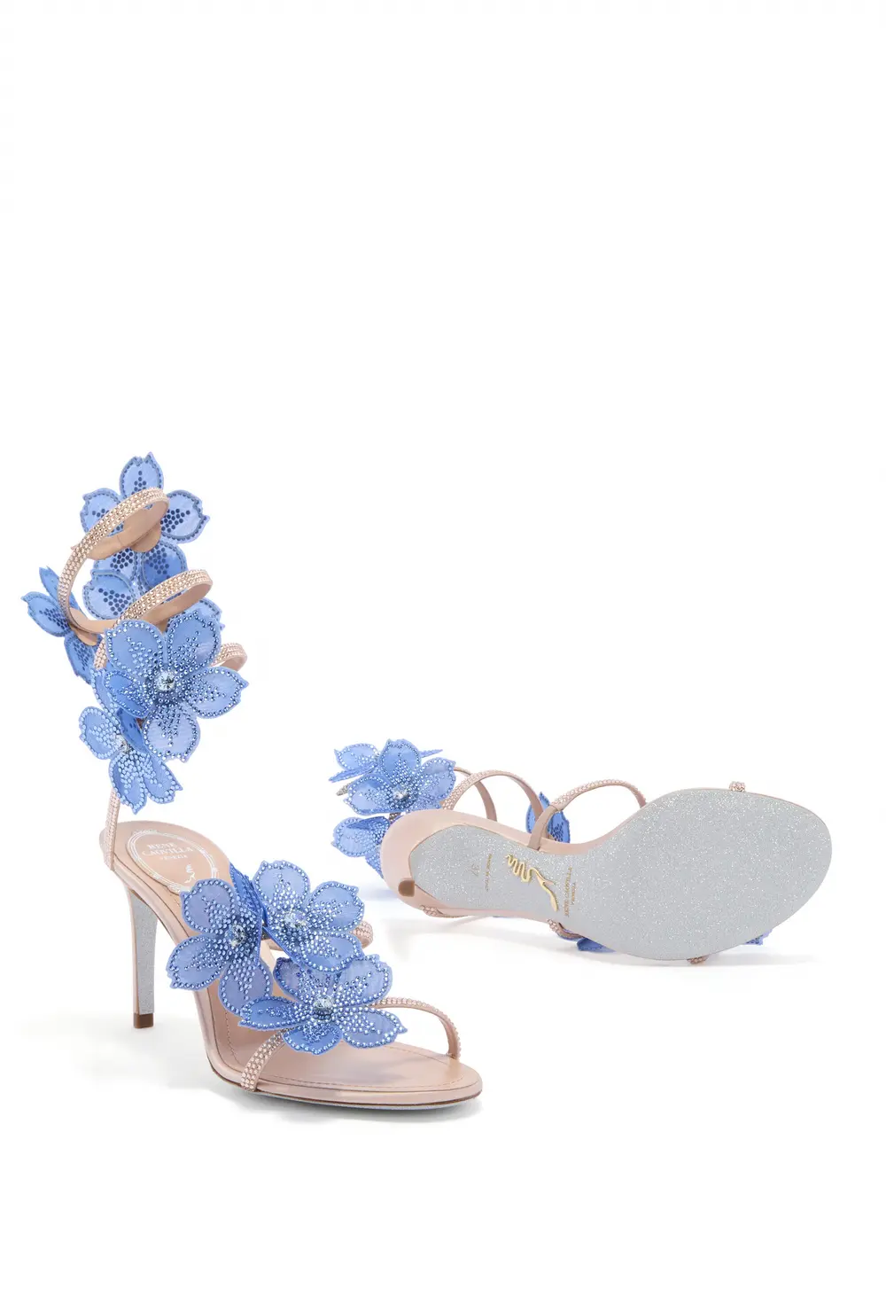 Rene Caovilla PEACH FLOWER BLUSH PINK AND BLUE SANDAL 80