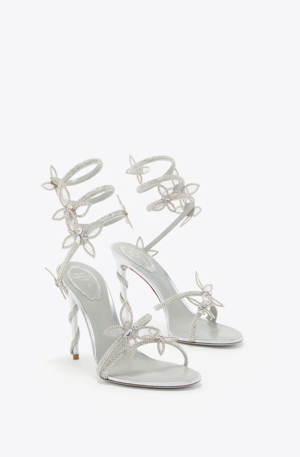 Rene Caovilla MARGOT MIRRORED SILVER SANDAL WITH BUTTERFLIES 105