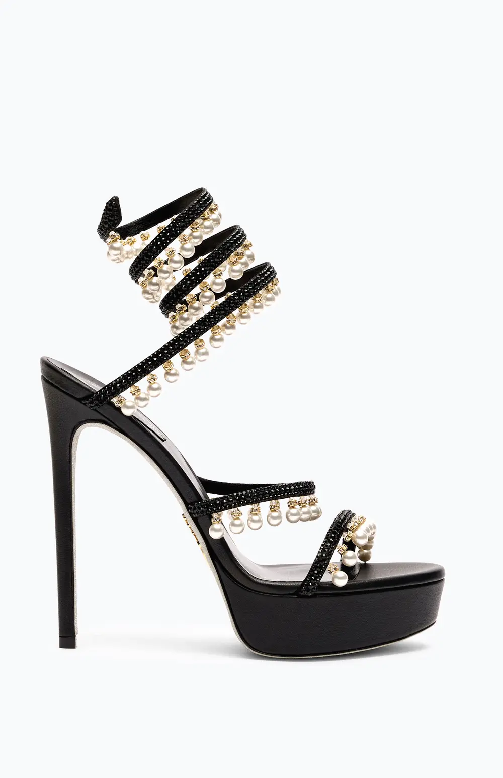 Rene Caovilla CHANDELIER BLACK PLATFORM SANDAL WITH PEARLS 130