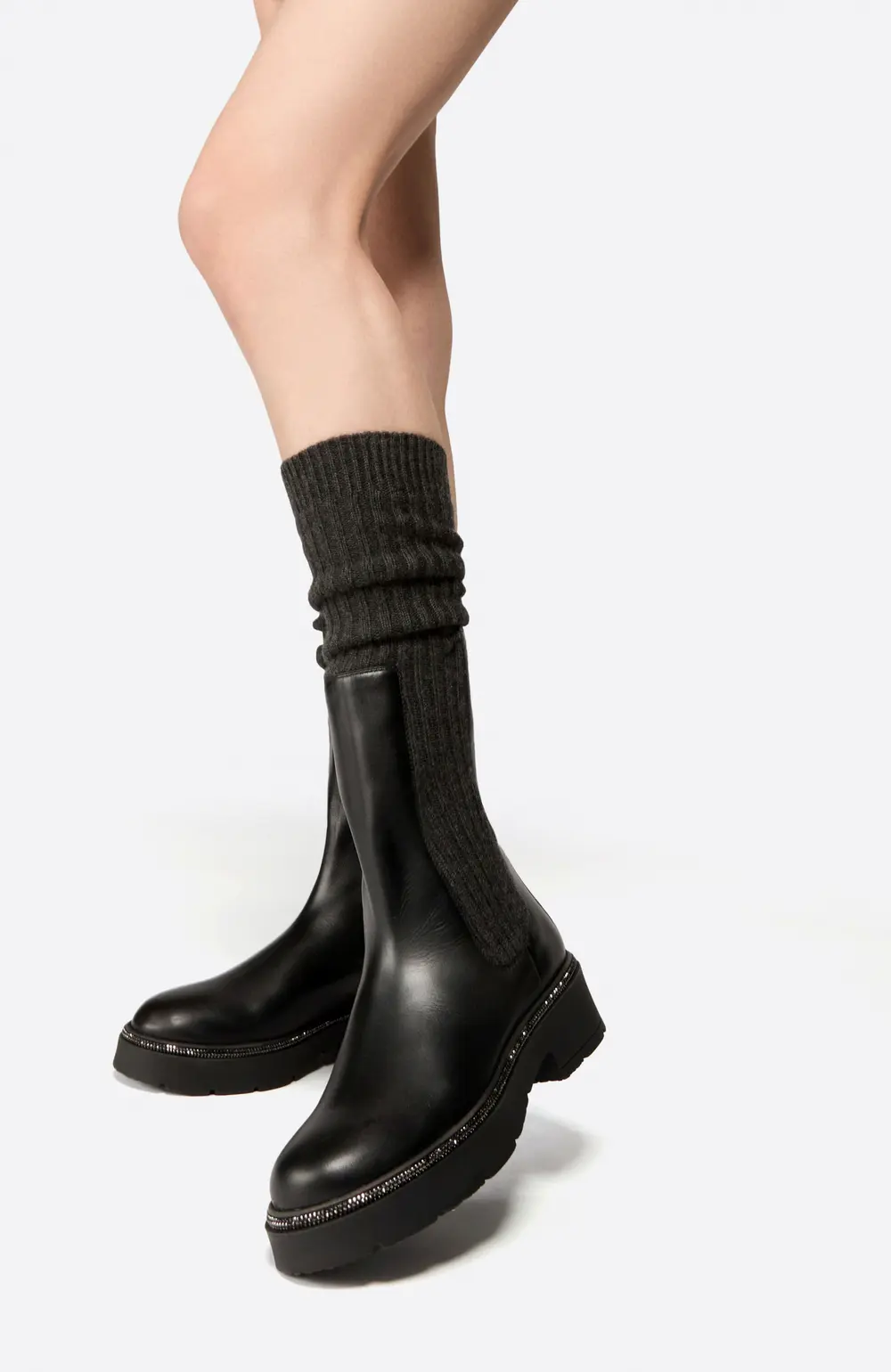 Rene Caovilla BIKA LEATHER AND CASHMERE BLACK ANKLE BOOT WITH CRYSTALS 50