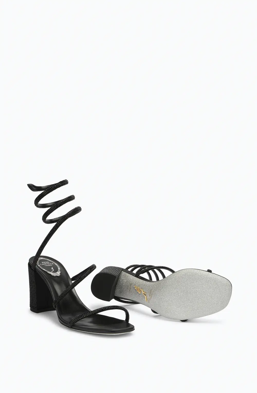 Rene Caovilla Cleo Block-Heeled Crystal Black Sandal 80
