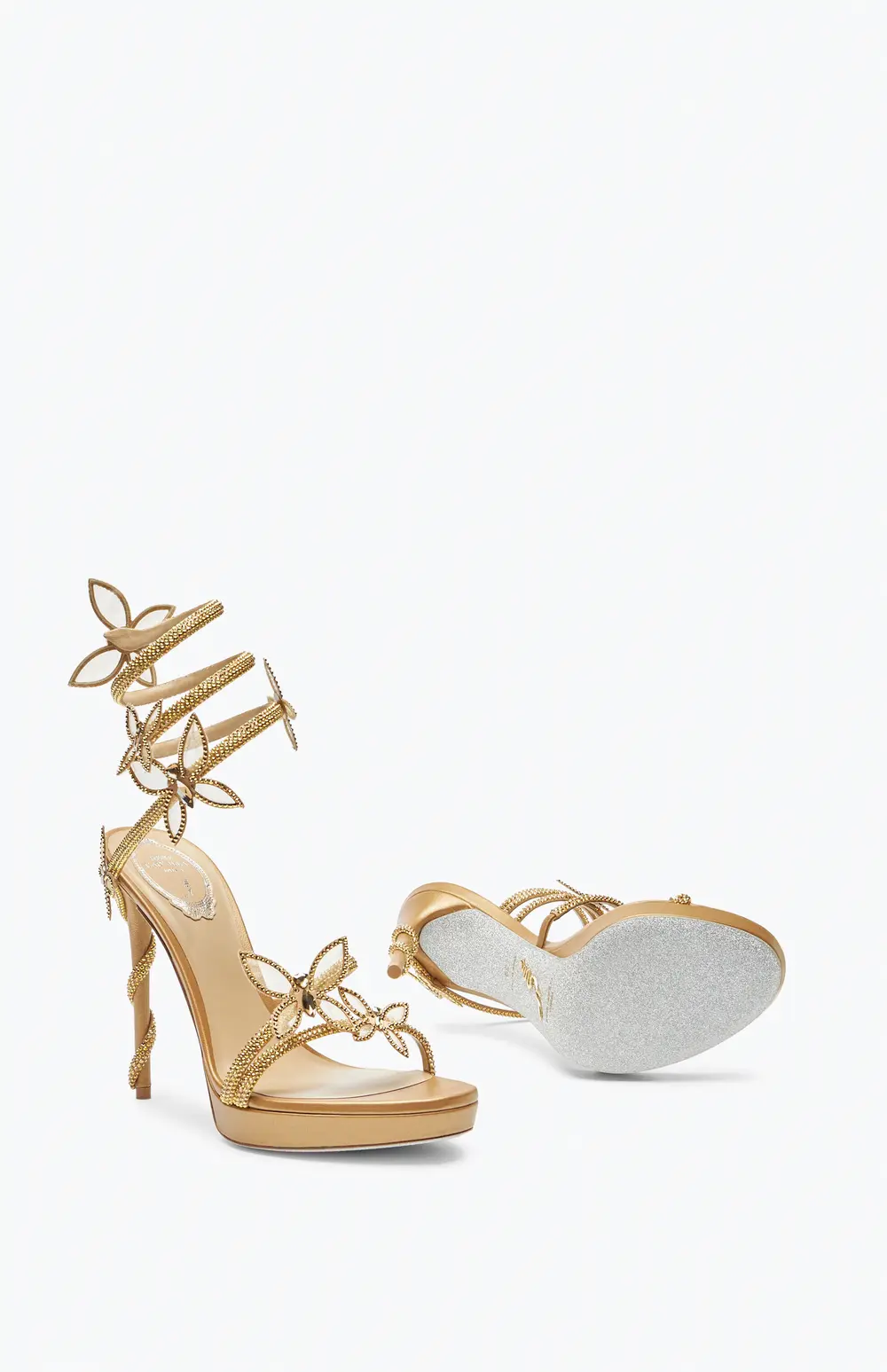 Rene Caovilla Margot Gold Platform Sandal With Butterflies 120