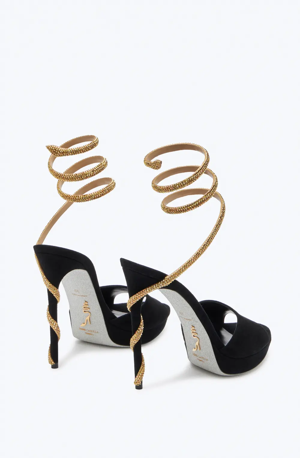 Rene Caovilla Margot Black Suede And Gold Platform Sandal 120
