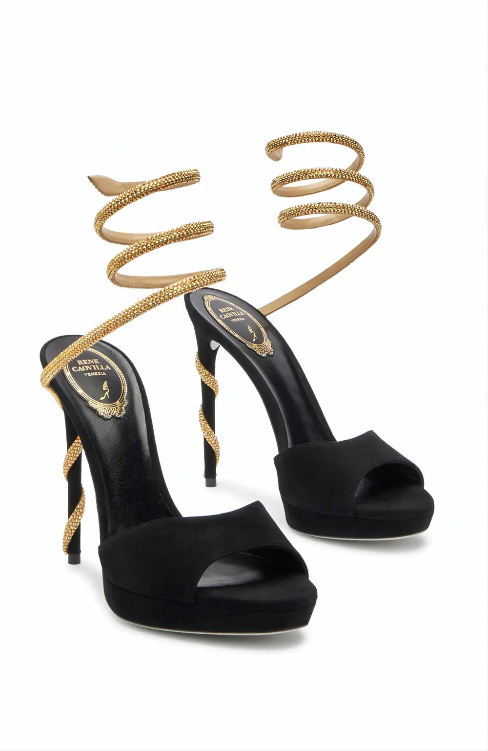 Rene Caovilla Margot Black Suede And Gold Platform Sandal 120