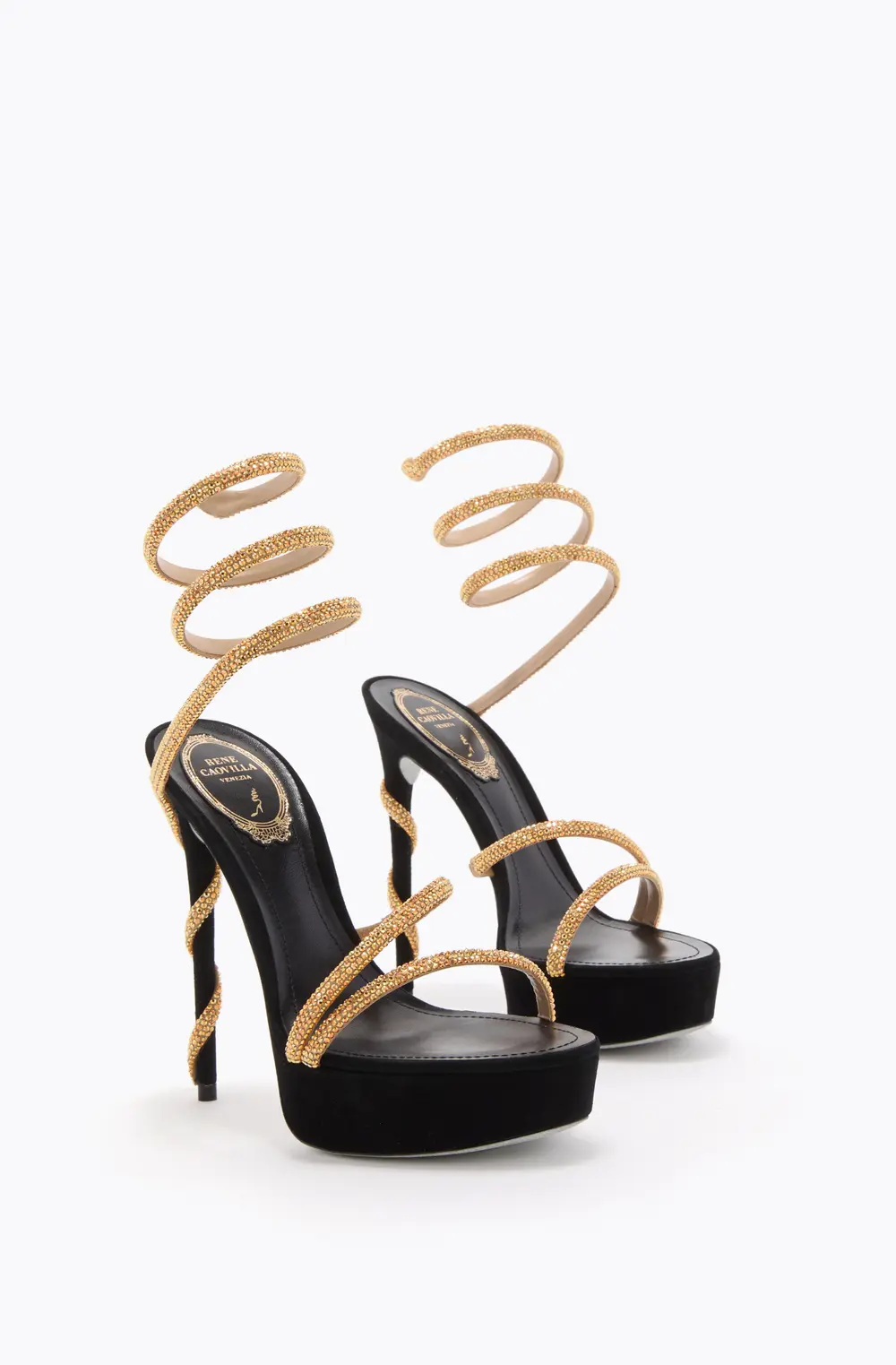Rene Caovilla MARGOT BLACK AND GOLD PLATFORM SANDAL 130