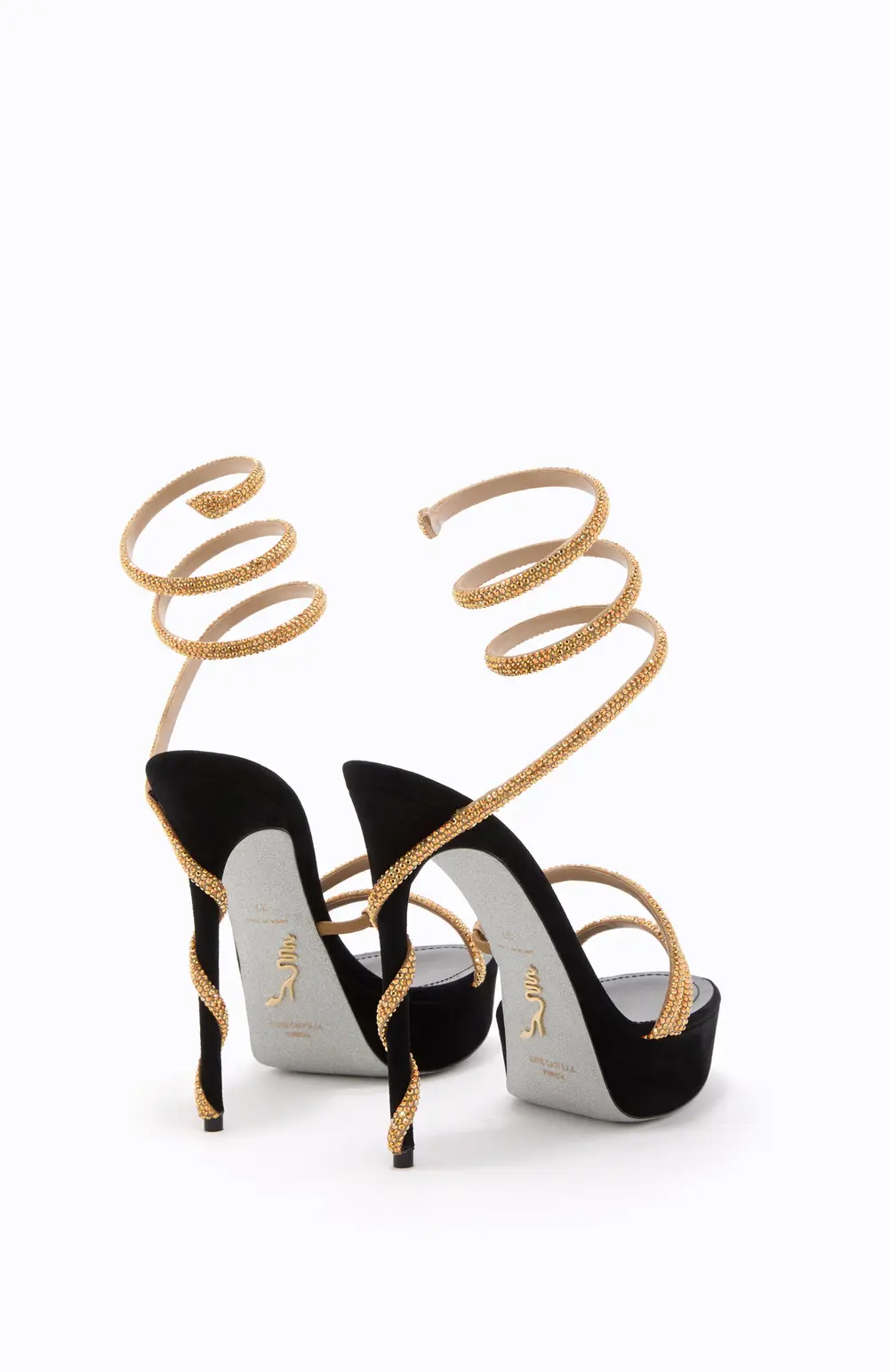 Rene Caovilla MARGOT BLACK AND GOLD PLATFORM SANDAL 130