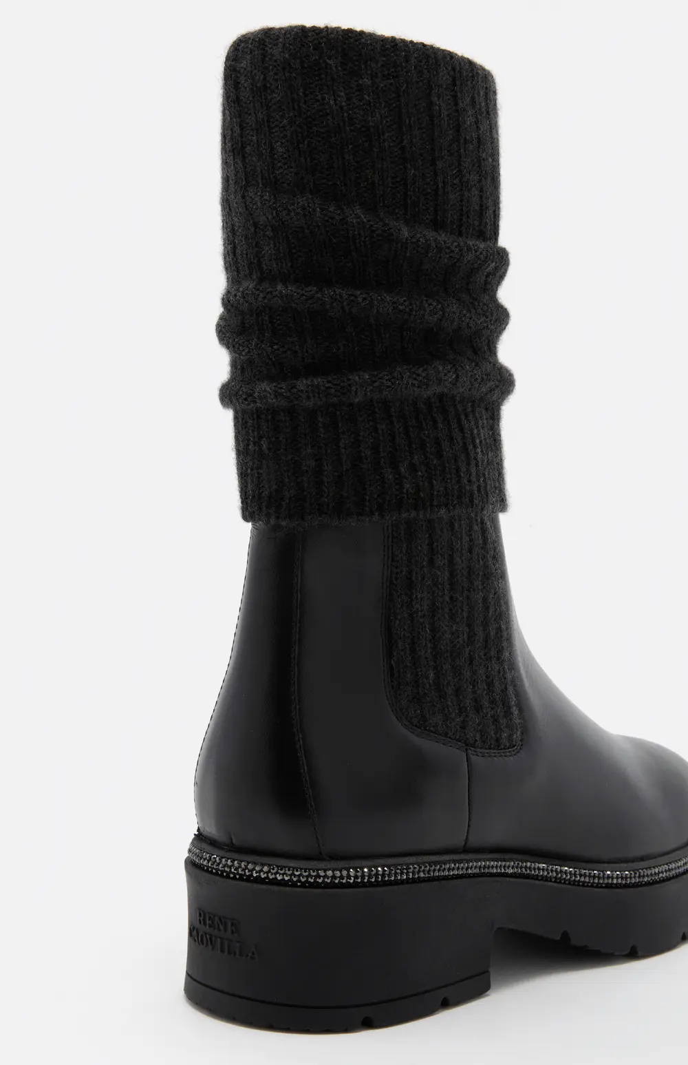 Rene Caovilla BIKA LEATHER AND CASHMERE BLACK ANKLE BOOT WITH CRYSTALS 50