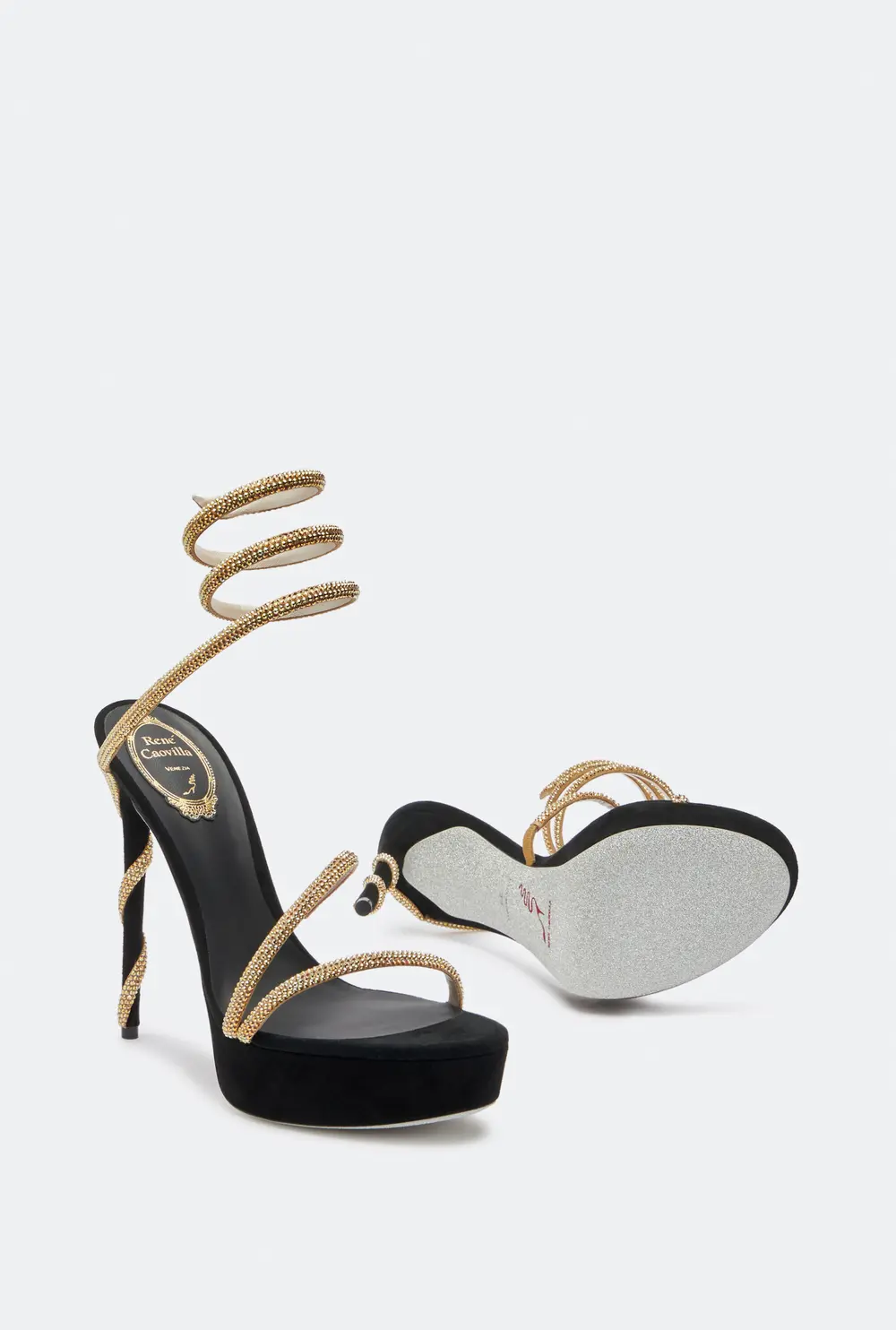 Rene Caovilla MARGOT CRYSTAL BLACK-GOLD PLATFORM SANDAL 130