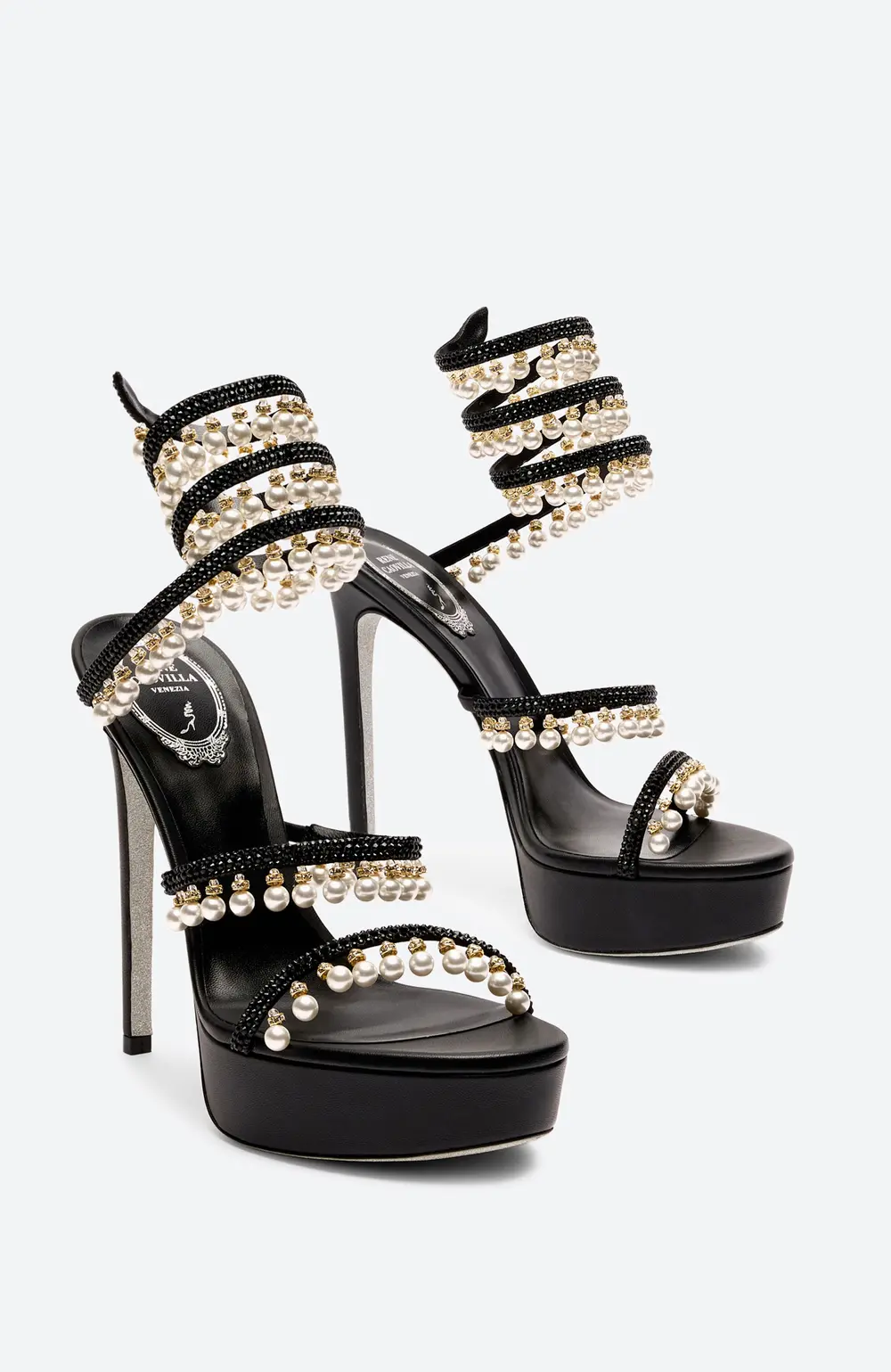 Rene Caovilla CHANDELIER BLACK PLATFORM SANDAL WITH PEARLS 130