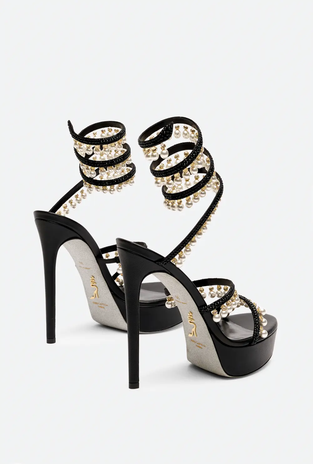 Rene Caovilla CHANDELIER BLACK PLATFORM SANDAL WITH PEARLS 130