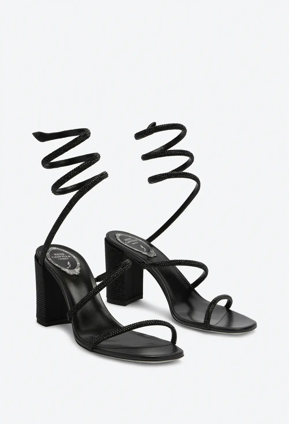 Rene Caovilla Cleo Block-Heeled Crystal Black Sandal 80
