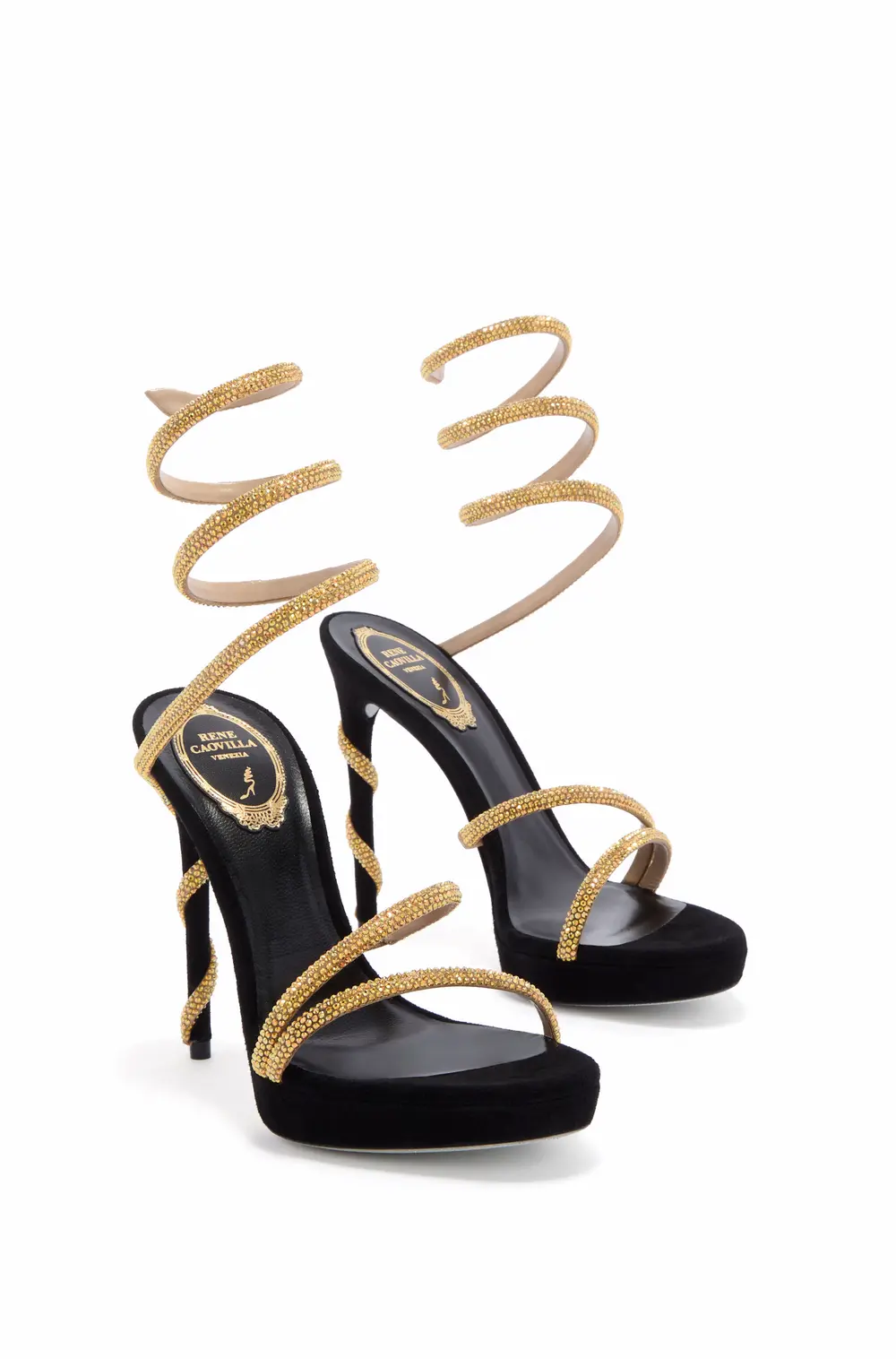 Rene Caovilla MARGOT CRYSTAL BLACK & GOLD PLATFORM SANDAL 120